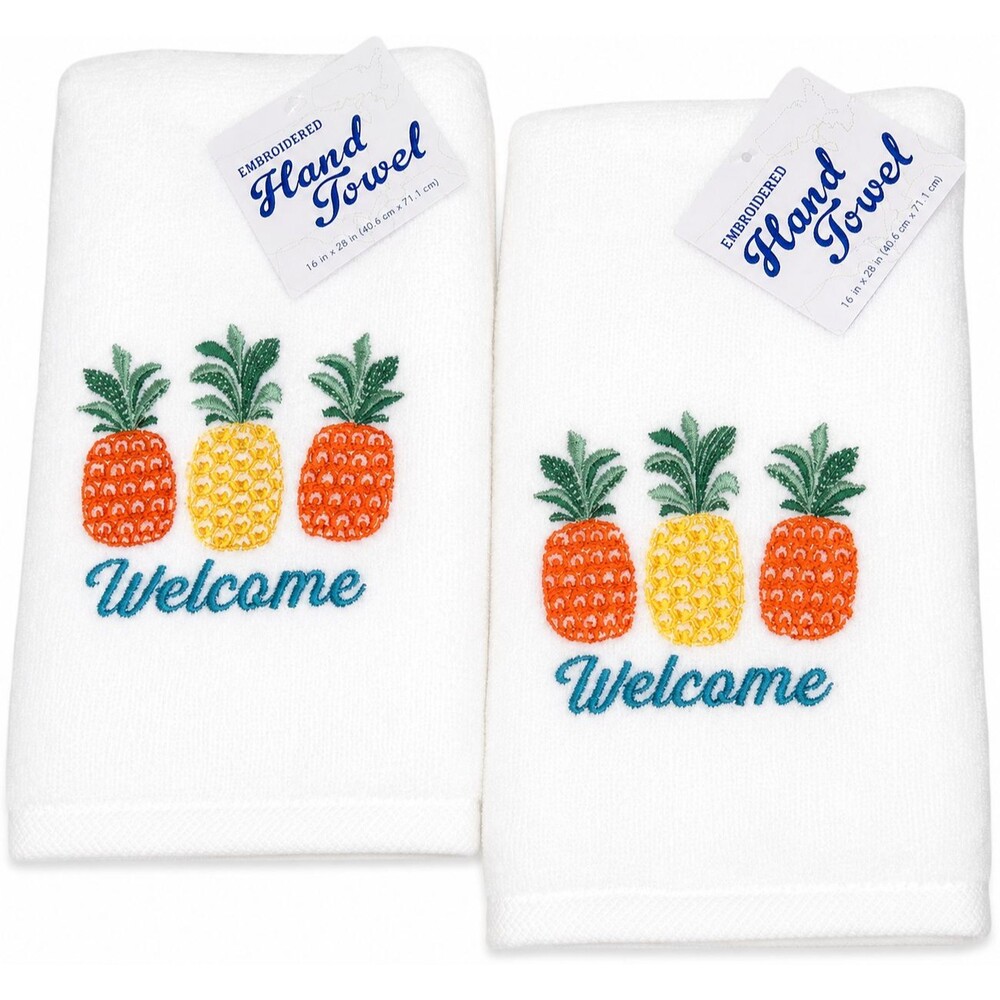 Welcome Pineapple Hand Towels Embroidered Bath Summer Beach House Set of 2